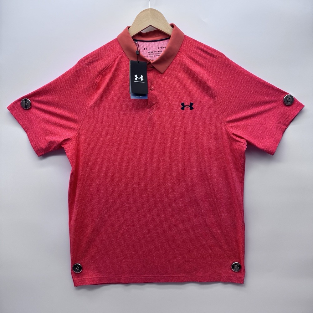 Sz L Under Armour ISO-CHILL Heather Golf Polo Men's Red Logo Button MSRP $75